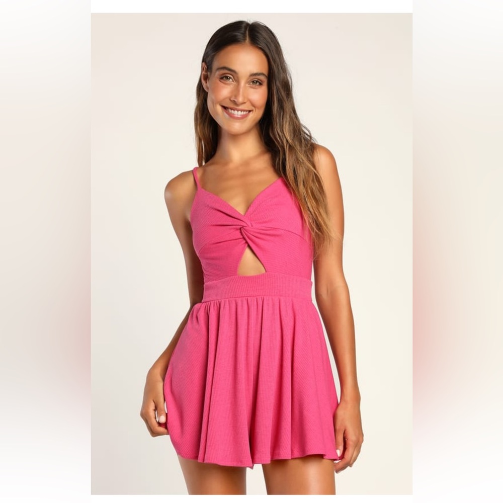 Lulus Sweetest of Dreams Hot Pink Ribbed Twist-Front Cutout Romper
